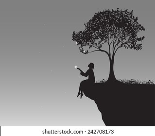 girl sitting near the tree and holding firefly in hot summer evening, silhouette, shadows, summer dream