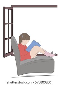 girl sitting near the window and reading a book. vector illustration.

