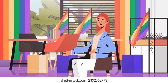 girl sitting in office lgbt rainbow flag transgender love generation Z concept horizontal
