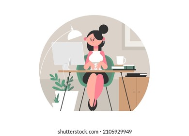 Girl sitting in office vector illustration. Smart young woman working in personal cabinet flat style. Workplace and laptop. Business and successful career concept. Isolated on white background