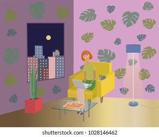 the girl is sitting on an armchair with a laptop and a cat