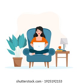 Girl sitting on an armchair and working from home, student or freelancer. Home office concept. Flat vector illustration.