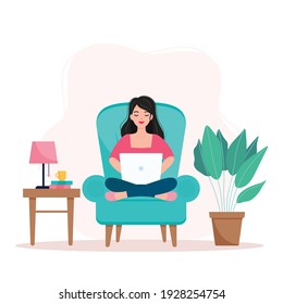 Girl sitting on an armchair and working from home, student or freelancer. Home office concept. Flat vector illustration.