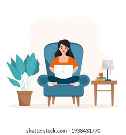 Girl Sitting On An Armchair And Working From Home Flat Vector Illustration