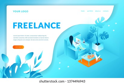 Girl sitting on the armchair works with computer,  Freelance. Modern template for landing page. Web page, isometric vector illustration