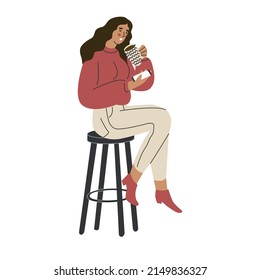 The girl is sitting on a bar stool, drinking coffee and looking at the phone. Lady on the chair. Businesswoman concept. Scene in bar, restaurant, cafe. Hand drawn vector illustration. Isolated.