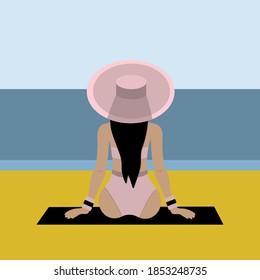 Girl sitting on beach, back view, beautiful young woman enjoying summer vacation on seashore. vector Illustration.