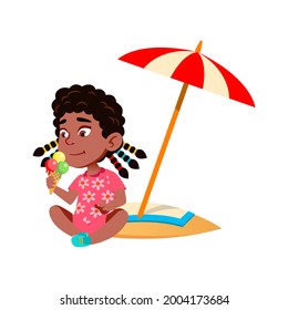 Girl Sitting On Beach And Eating Ice Cream Vector. African Preteen Child Lady Sit On Beach Sand And Eat Delicious Dessert. Character Kid Relaxing Under Umbrella On Seaside Flat Cartoon Illustration