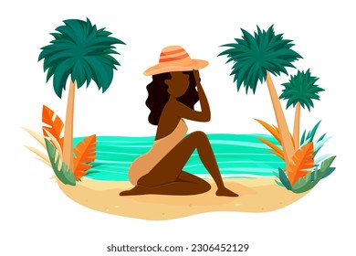 girl sitting on the beach, enjoying the beauty of nature. A girl in a swimsuit relaxing on the beach, an illustration for immersion in the beauty and harmony in the embrace of nature