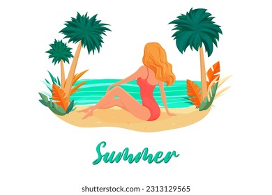 girl sitting on the beach, enjoying the beauty of nature. A girl in a swimsuit relaxing on the beach, an illustration for immersion in the beauty and harmony in the embrace of nature