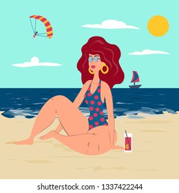 Girl sitting on the beach on a hot sunny day. Illustration in flat style.