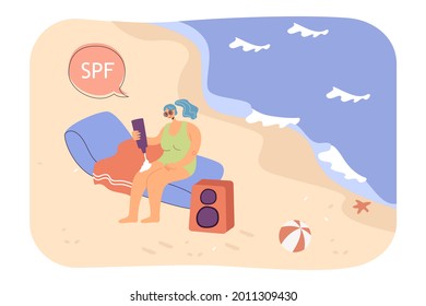 Girl sitting on beach, using SPF cream flat vector illustration. Happy woman in swimsuit caring about her health. Sunscreen, protection, summer, sea resort, skincare concept