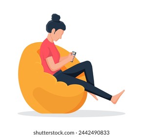 Girl sitting on bean bag chair. Woman holds smartphone in her hand. Casual female character chilling and browsing social media on mobile device. Cartoon flat vector illustration