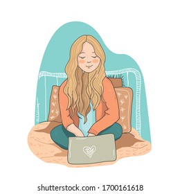 Girl sitting on the bed with a laptop. Work at home, study. Cartoon vector illustration.