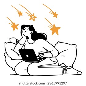 a girl sitting on a bed with a laptop and stars flying around her