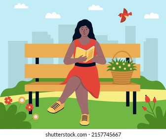 Girl Is Sitting On The Bench With Book Summer Spring Vector Illustration In Flat Style