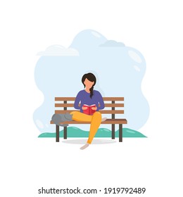 Girl sitting on bench with a cat and reading a book. Concept illustration for freelance, working, studying, education, work from home, healthy lifestyle. Cute vector illustration in flat style