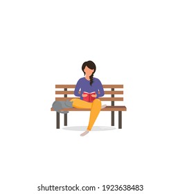 Girl sitting on bench with a cat and reading a book. Concept illustration for freelance, working, studying, education, work from home, healthy lifestyle. Cute vector illustration in flat style