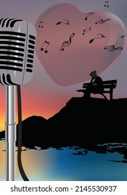 girl sitting on the bench in front of a panorama listens to music
