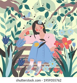 The girl is sitting on a bench in a garden and enjoying bird song. Bright spring or summer flat illustration of a woman in flowers.