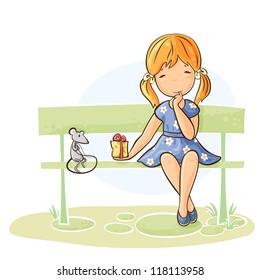 Girl sitting on a bench giving a gift to her mouse