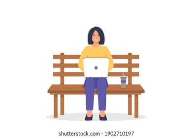 Girl sitting on bench with laptop. Female character working on a laptop. Freelance or distance learning. Vector illustration on white isolated background.
