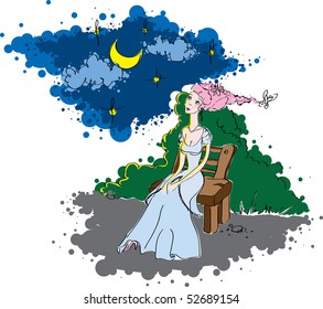 girl sitting on a bench under the moon