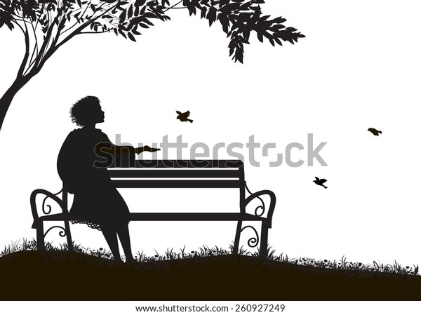 木の下のベンチに座って 白い背景にスズメ 影 思い出 シルエットに餌をやる女の子 のベクター画像素材 ロイヤリティフリー