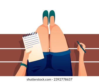 Girl sitting on bench vector illustration of university. Legs top view on white background for back to school design