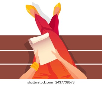 Girl sitting on bench vector illustration of university. Legs top view on white background for back to school design