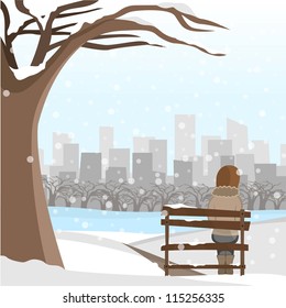 girl sitting on a bench in winter park