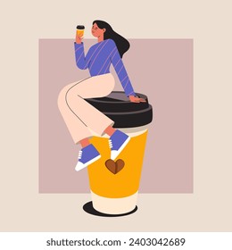 Girl sitting on а big cup of coffee. Vector illustration.