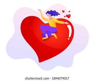 Girl sitting on big heart. Valentine's Day. Self care, love yourself icon or body positive concept. Vector illustration