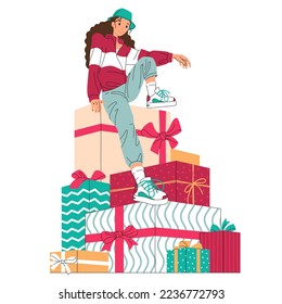 Girl sitting on a big pile of gift boxes. Tower of presents for Christmas, New Year, birthday. Trendy flat vector cartoon illustration isolated on white background.