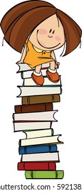 Girl sitting on a big pile of books