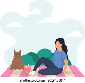 Girl sitting on blanket in garden and having picnic with puppy at sunny day Concept Vector Icon Design, Weekly holidays Activity Symbol, Week Rest Days Sign, Lazy weekends people Stock illustration
