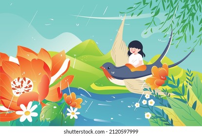 The girl is sitting on the body of a swallow and flying, next to it are flowers and plants, the sky is raining, vector illustration