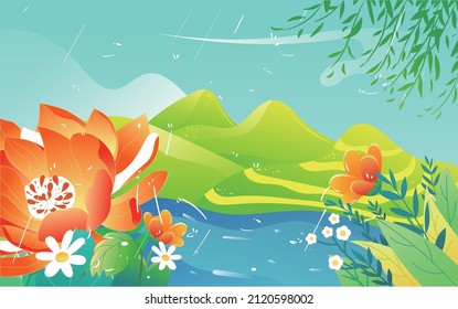 The girl is sitting on the body of a swallow and flying, next to it are flowers and plants, the sky is raining, vector illustration