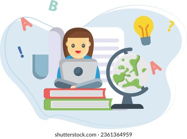 The girl is sitting on books and doing online study.
