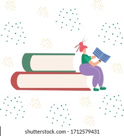 girl sitting on books and reading a text - study of information and self-development, bright vector illustration