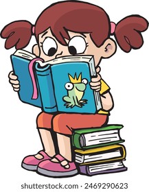 girl is sitting on the books and reading a book
