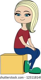 A girl is sitting on a box isolated on whate background