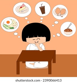 A girl is sitting on a brown seat cushion to meditate, as she meditates as begins to feel hungry, and suddenly, she sees images of various foods and drinks pop up all over her head.