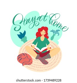 Girl sitting on a carpet with a book. Girl with cat, stay at home, read books, work from home, flowers in a pot, home office. Flat Vector Illustration.