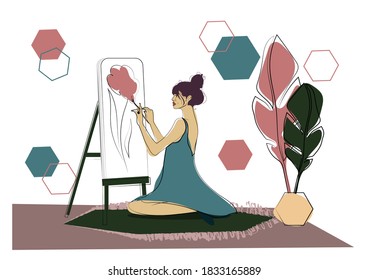 Girl sitting on the carpet  and draws. Vector illustration.