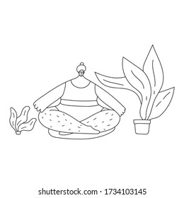 Girl sitting on the carpet in lotus pose with plants around her. Outline illustration on white background.