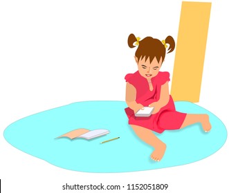 Girl sitting on cell phone standing beside book Vector Illustration 