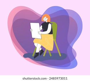 Girl sitting on chair and admiring picture fllat vector illustration. Female cartoon character holding sheet of paper with drawing. Hobby, childhood, education concept