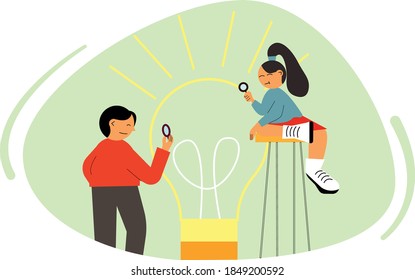 The girl is sitting on a chair, a boy is standing next to her, and they are looking for ideas. 