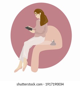  Girl Sitting On A Chair. Business Girl . She Looking At Laptop And She Enjoying Her IPad  . Pantone Vector Illustration In Flat Cartoon Style